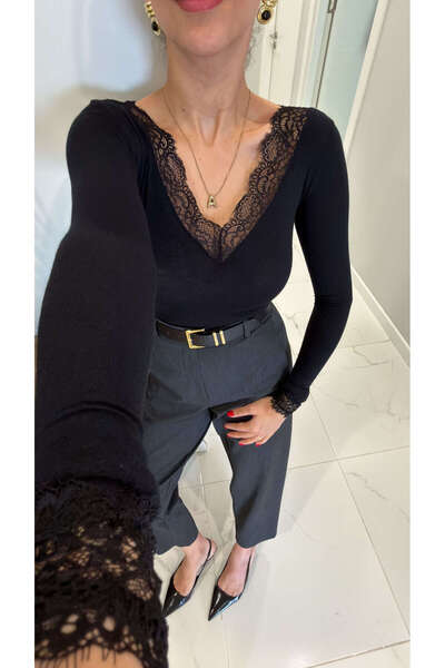 BİRCANÇİL Μπλούζα από κασμίρι με λεπτομέρεια από μαύρη δαντέλα Vesica