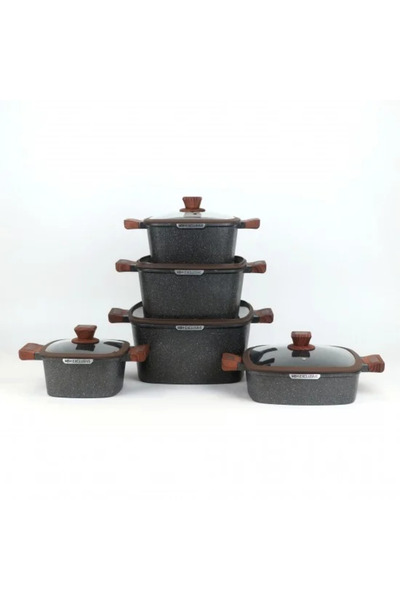 TULIN Granite Cookware Set with Wooden Handles, Black Color - 10 Pieces