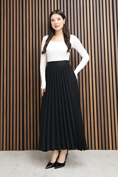 lodmela Elastic Waist Pleated Skirt 6018E-Black
