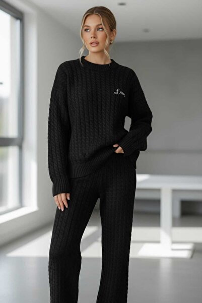 NEWCO طقم تريكو أسود للسيدات، ياقة دائرية، قصة مريحة