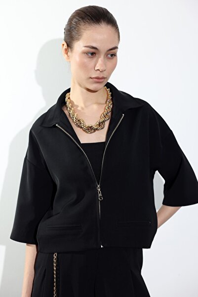 5in1Canpolat سترة سوداء نصف كم بسحاب 131056