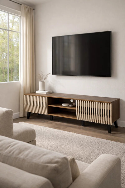 MARIA HOMES Modern Wooden TV Stand Dark Brown with Beige Slatted Design 160 x...