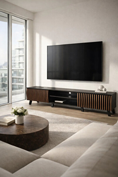 MARIA HOMES حامل تلفزيون خشبي عصري باللونين الأسود والبني الداكن بتصميم شرائح...