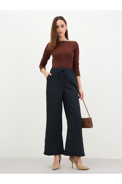 Styli Women Black Pinstripe Wide Leg Trousers