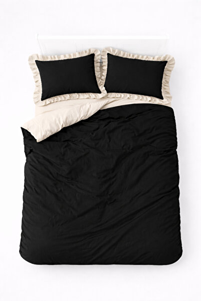 GÖRMEZ TEKSTİL Soft Cotton Ruffled Single Bed - Duvet Cover Set Black / Beige