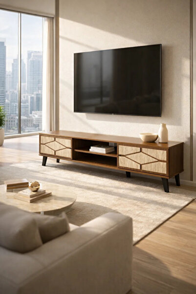 MARIA HOMES Modern Wooden TV Stand Dark Brown with Beige Stone Pattern 180 x ...