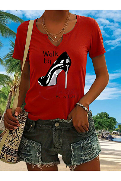 mercoledi Women's Printed Half V-Neck Sleeves Regular Fit Casual T-Shirt