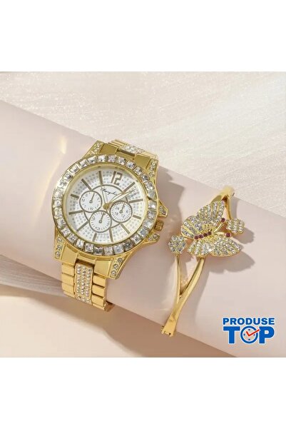 QUARTZ Elegant Gold Women's Watch Set with Rhinestones and Butterfly Bracelet...