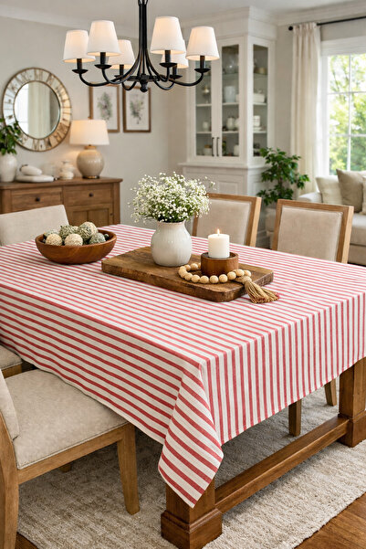 Pilloveland Tablecloth - Coral Red Striped Linen Fabric