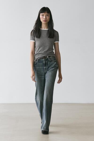 Massimo Dutti Kontrast detaylı kısa kollu t-shirt