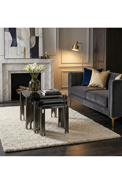 lowena home 3'lü Kare Ultra Lak Gümüş Kaplama Zigon Sehpa