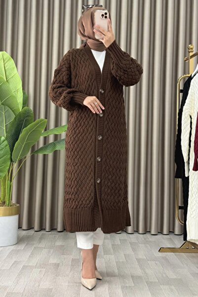 mercan moda NURŞEN HIRKA Akrilik İplik (Triko) Kumaş Kadın Kahverengi Düğmeli...