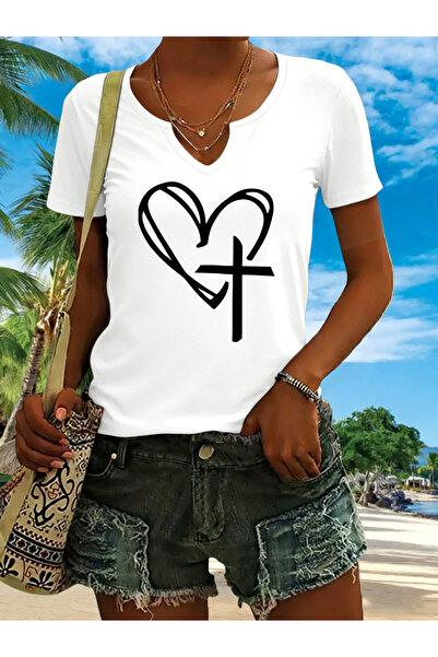 mercoledi Heart Cross pentru femei cu imprimeu Decolteu în V cu mâneci, croia...
