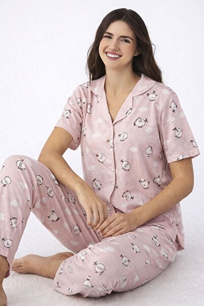 SCM LINGERIE طقم بيجامة بأكمام قصيرة وأزرار أمامية مصنوع من القطن بنسبة 100%