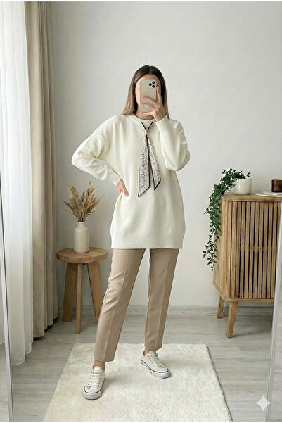 MODAQU Crew Neck Scarf Knitwear Tunic - Ecru