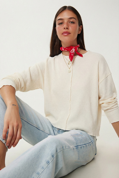 Lovelyİstanbul Ribbed Detailed Knitted Blouse Lze0018 Ecru