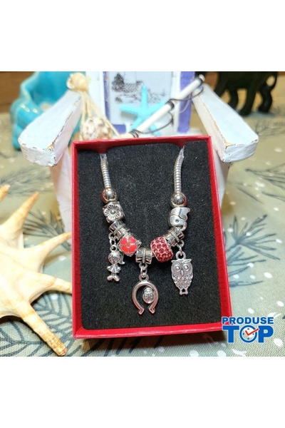 Produse.Top Brățară de damă cu pandantive potcoavă și mărgele Shamballa roșii...