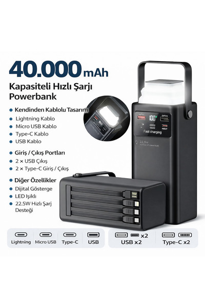 qasul 40000 mAh Taşınabilir Ultra Güçlü Powerbank & Kamp Lambası – Dahili Kab...