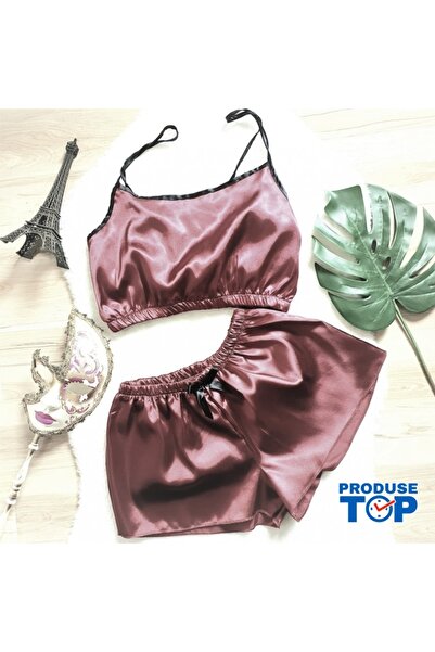 Produse.Top Burgundy Satin Women's Pajama with Top and Shorts