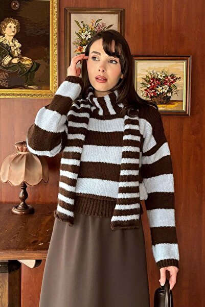 Ceylan Otantik Bitter Brown Blue Striped Scarf Detail Sweater