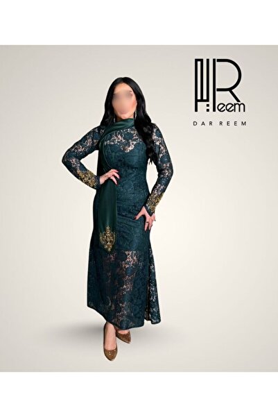 DRM Dar Reem emerald green dress with gold lace