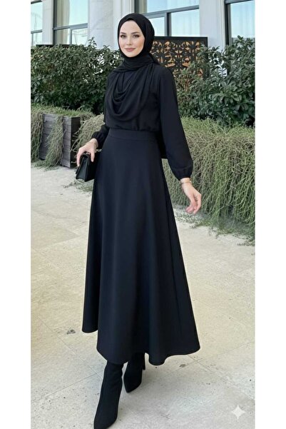 KARSEL Women's Scuba Diving Fabric Black Hijab Flared Skirt