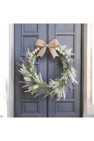 ecrella 30 cm ahşap boncuklu kurdeleli soft renk lavanta çiçekli kapı süsü he...