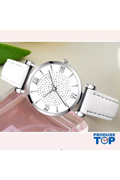 QUARTZ Ladies Watch with White Eco Leather Strap and Set of 4 Golden Bracelet...