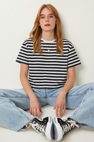 Lovelyİstanbul oversized Ριγέ Βαμβακερό Πλεκτό Μπλουζάκι LZE0001 ΜΑΥΡΟ ΛΕΥΚΟ