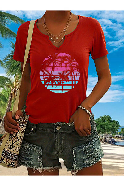 mercoledi Women's Heart Cross Printed Half V-Neck Sleeves Regular Fit Comfort...