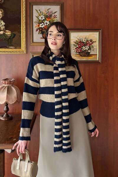 Ceylan Otantik Navy Blue Cream Striped Scarf Detail Sweater