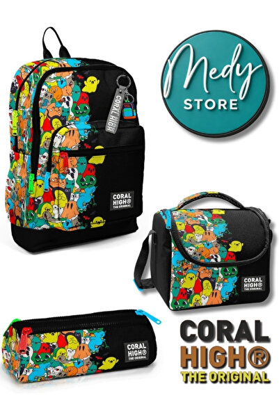 Coral High Siyah Karikatür Desenli 3’lü Okul Çanta Seti