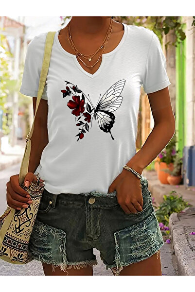 mercoledi Γυναικείο μπλουζάκι με μισό μανίκι σε σχήμα V με τύπωμα με κανονική...