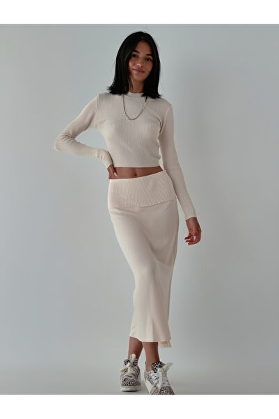 My Blog Cream Corded Fabric Flexible Knitwear Skirt Blouse Set - 4434