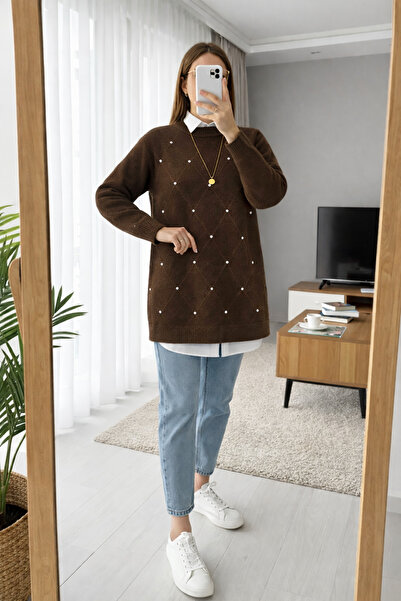 MODAQU تونيك تريكو بتفاصيل حجرية ناعمة - بني