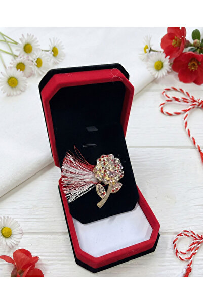 OEM Rose gold brooch with rhinestones, martisor, velvet box 10x7x3 cm