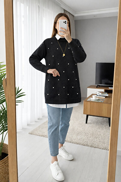 MODAQU Sakal İp Yumoş Stone Detailed Knitwear Tunic - Black