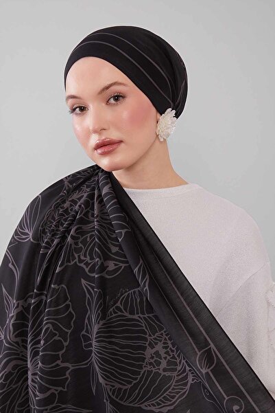 Levidor Black-Grey Hyacinth Flower Pattern Wool Silk Shawl