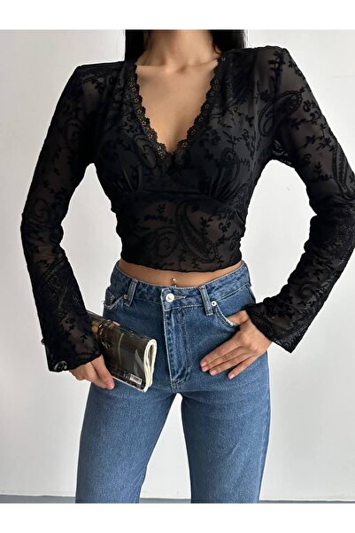 LUCYWEAR Kadın Kahverengi Bisiklet Flok Baskılı Tül Detaylı Bluz