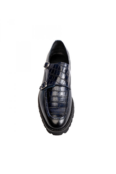 Evanto Shoes Pantofi din piele pentru bărbați Scaled Dark Navy Blue Double Mo...