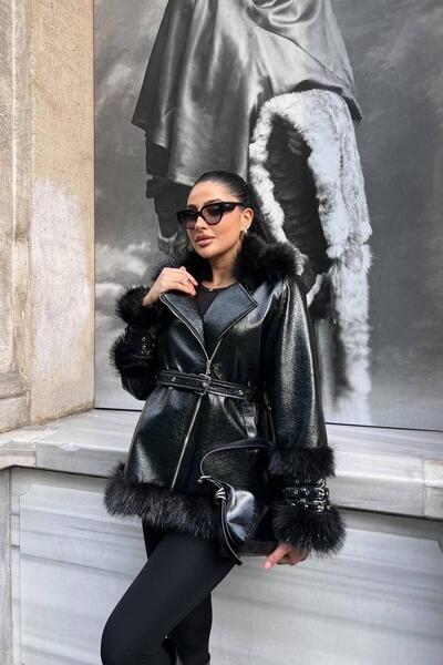 Jaglion Fur-Trimmed Black Leather Belted Lined Premium Women's Cashmere Coat