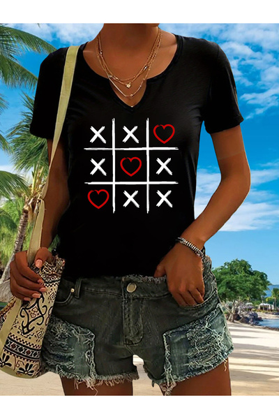 mercoledi Women's Heart Printed Half V-Neck Sleeves Regular Fit Comfortable T...