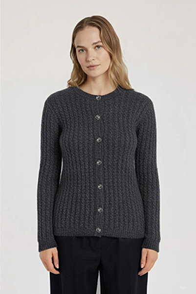 Triko Mısırlı Koyu Gri Örgü Desenli Kadın Hırka