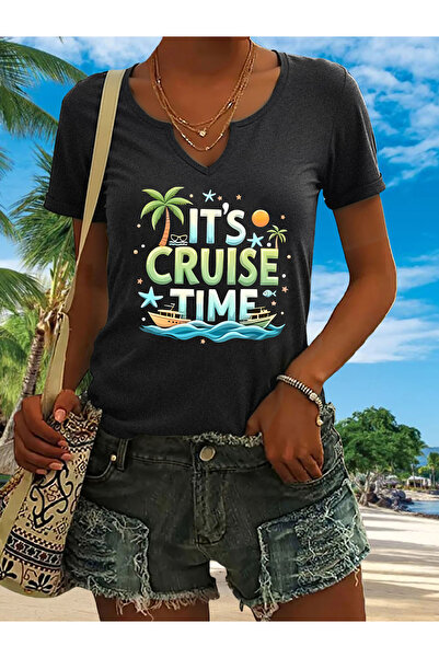 mercoledi Γυναικείο μπλουζάκι Cruise Time με τύπωμα με μισό μανίκι σε σχήμα V...