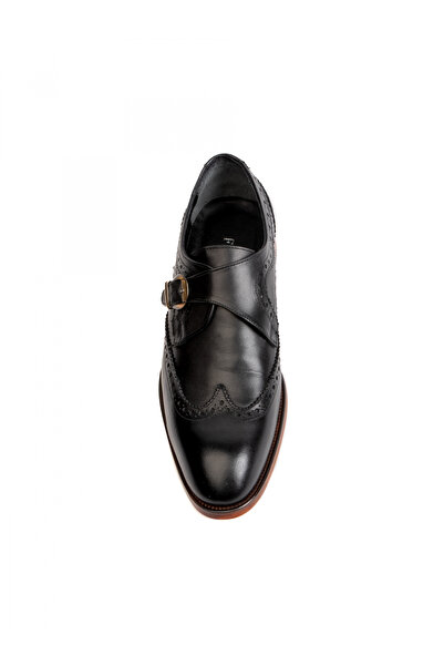 Evanto Shoes Men's Leather Shoes Embroidered All Black Monk Strap