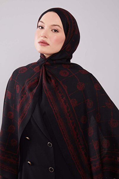 Levidor Black-Red Round Patterned Wool Silk Shawl