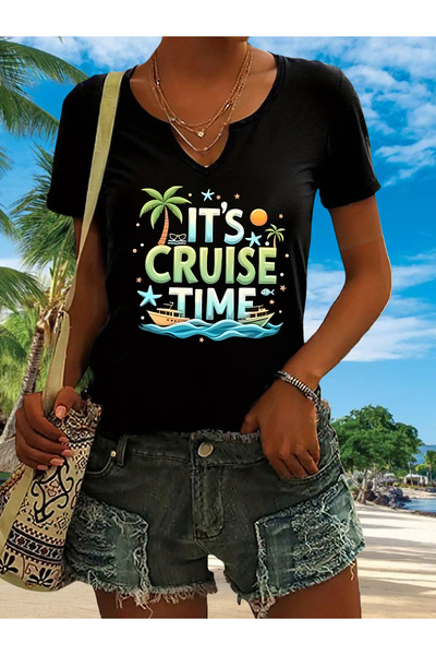 mercoledi Women's Cruise Time Printed Half V-Neck Sleeves Regular Fit Casual ...