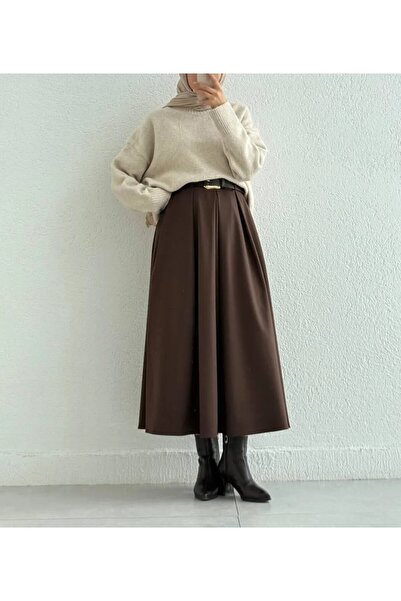 Lavanta Tekstil Pleated High Waist Belted Long Skirt