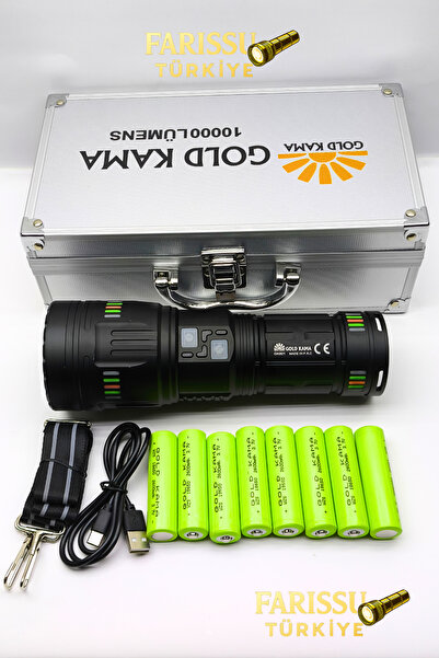 farissu GK601 10000 Lümen El Feneri | 8×18650 Pil (4 Yedek) | Metal Gövde | Ö...