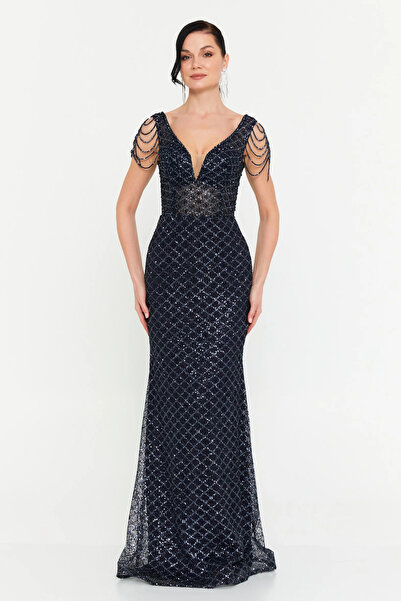 Alinexclusive Women's Full Sequin Embroidered Off-Shoulder Stone Detailed Wid...